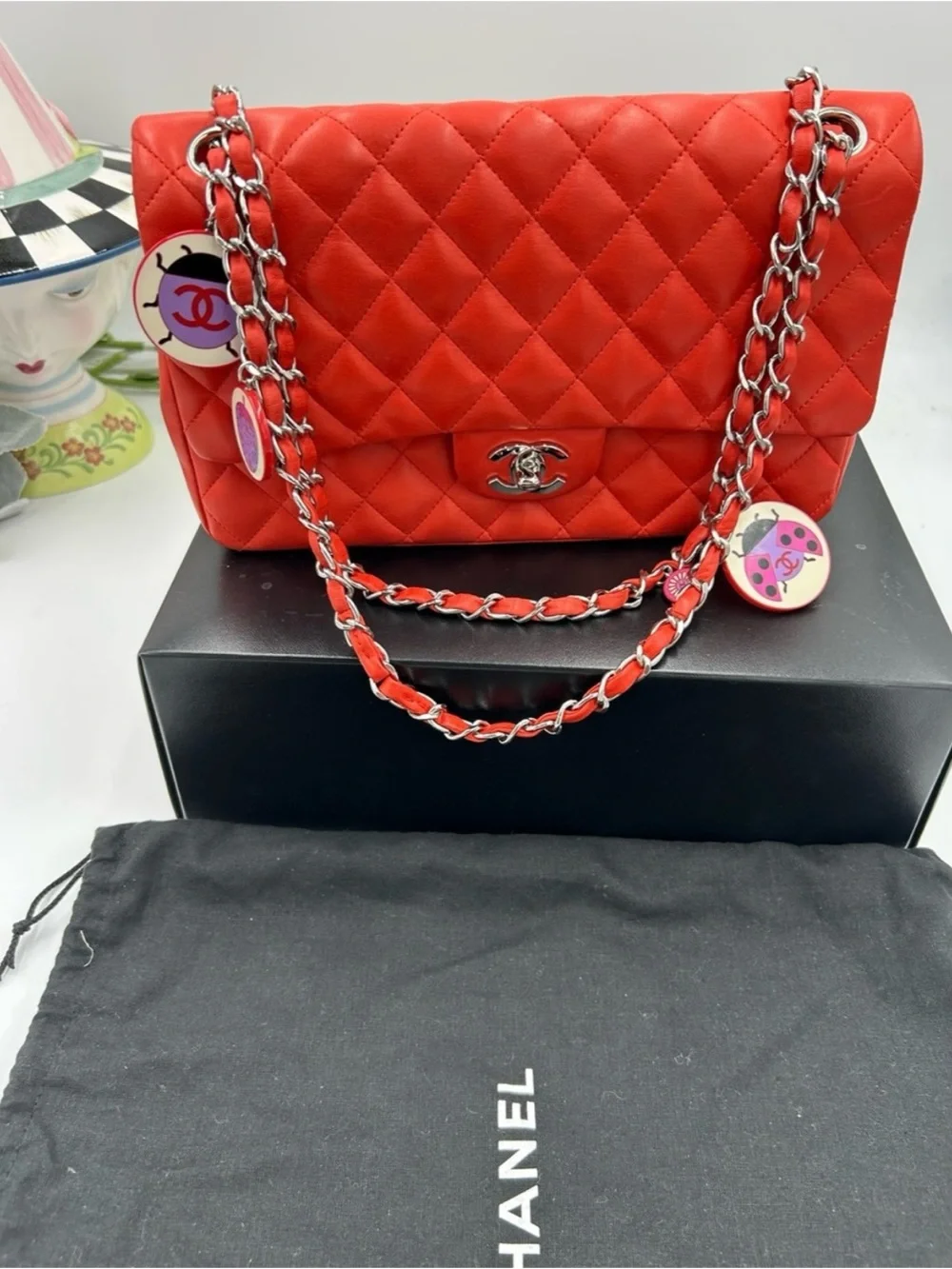 Chanel MATELASSE lambskin shoulder Bag ladybug, and strawberry charms.